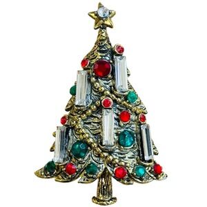 VTG Hollycraft Christmas Tree Candlelight Pin Brooch Crystal Rhinestone Retro